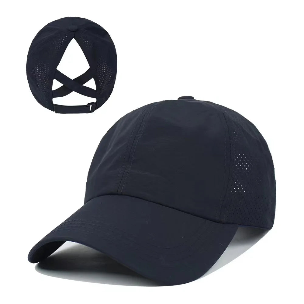 2022 Custom logo Ponytail Cap pony Tail Cross Baseball Hat Washed Cotton Distressed Mesh Trucker Hat Caps for Woman