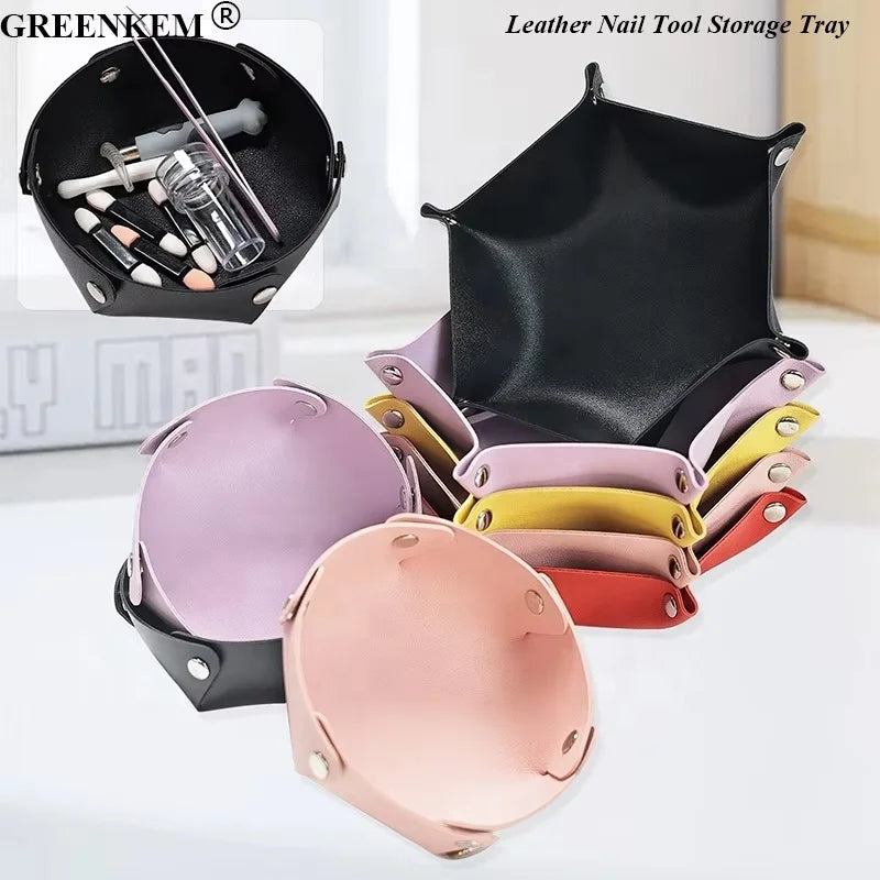 New Leather Nail Tool Storage Tray Hexagonal Folding Nail Charms Storage Diamond Jewelry Beauty Tool Nail Storage Box