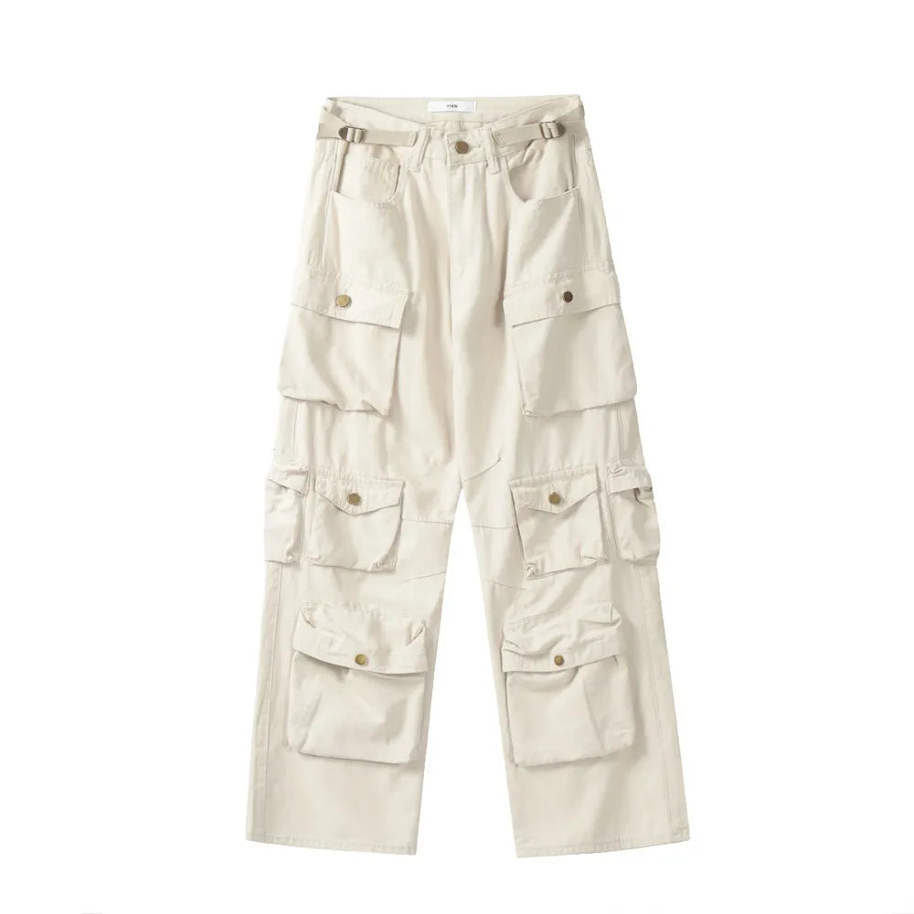 Wholesale White Washed Casual Medium Solid Utility Punk Carpenter Baggy Men Cargo Pants with Multi Pocket
