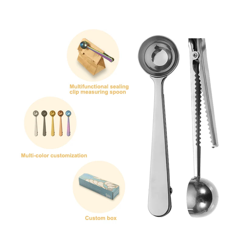 Wholesale Coffee Tea Stainless Steel 15ml Measuring Spoon Mini Golden Food Grade Measuring Spoon With Integrated Seal Bag Clip