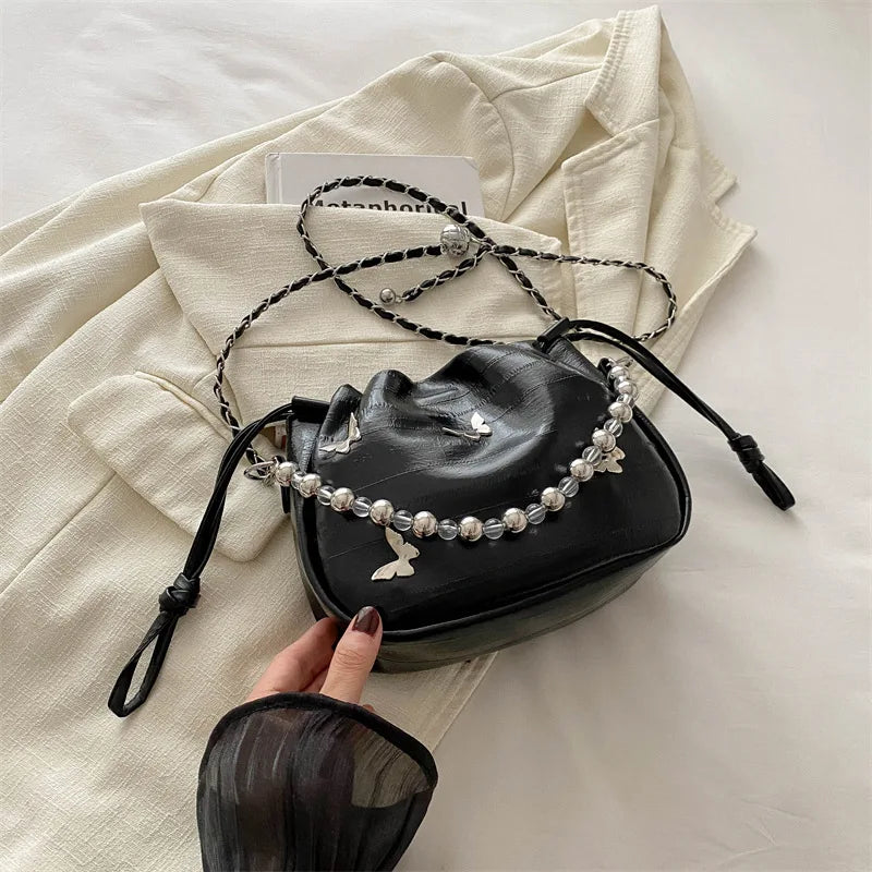 Metal Butterfly Decoration Women's Shoulder Bag Drawstring Bead Handle Chain Female Crossbody Bags Soft PU Leather Ladies Tote