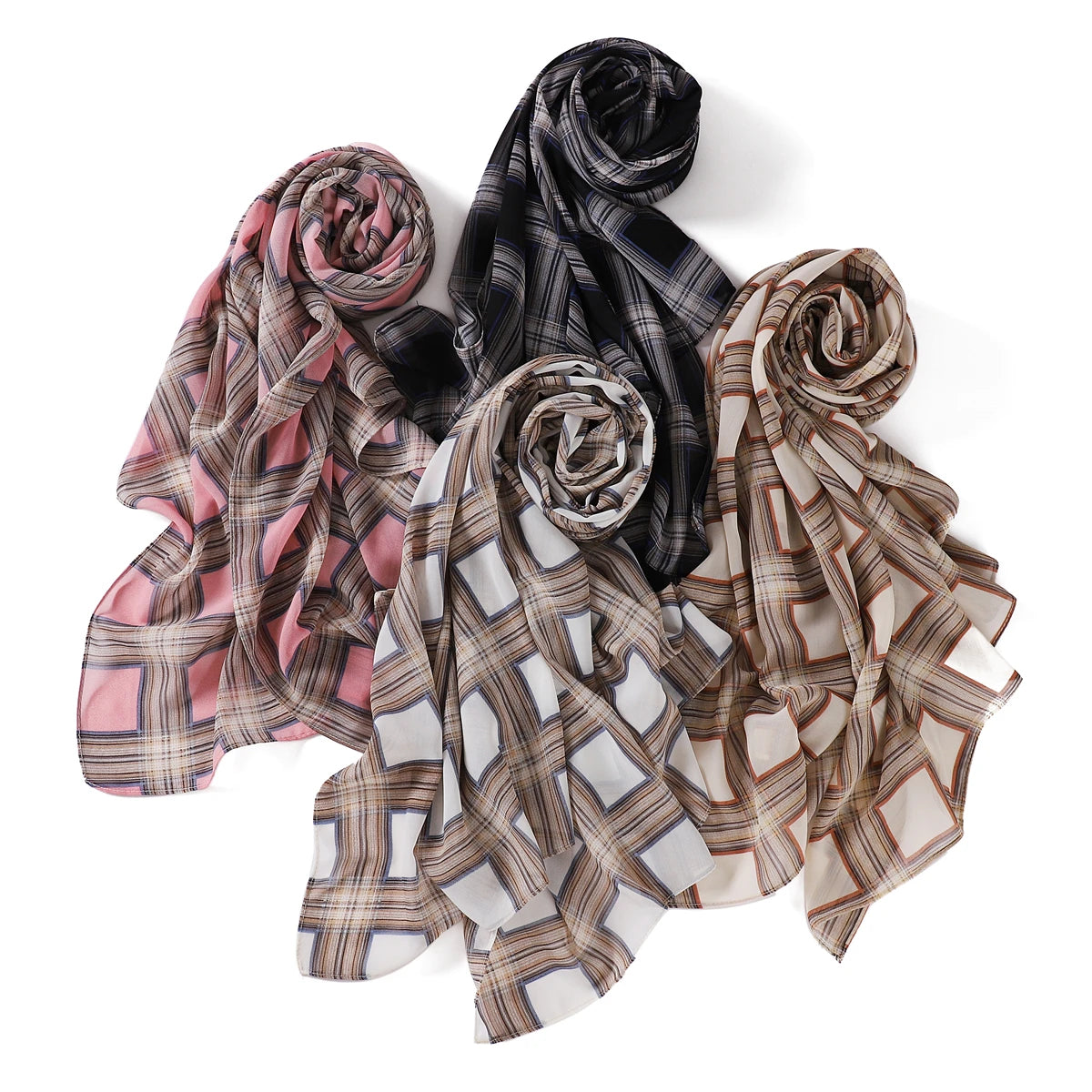 New Design Retro Soft Plaid Print Chiffon Shawl Muslim Chiffon Hijab Islam Ethnic Head Scarf Wraps for Women