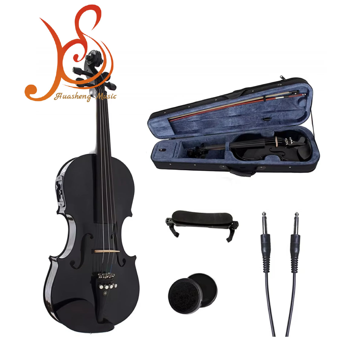 HUASHENG High Gloss Electric Violin Black OEM ODM String Music Instrument Violin 4/4 for Beginner Professional
