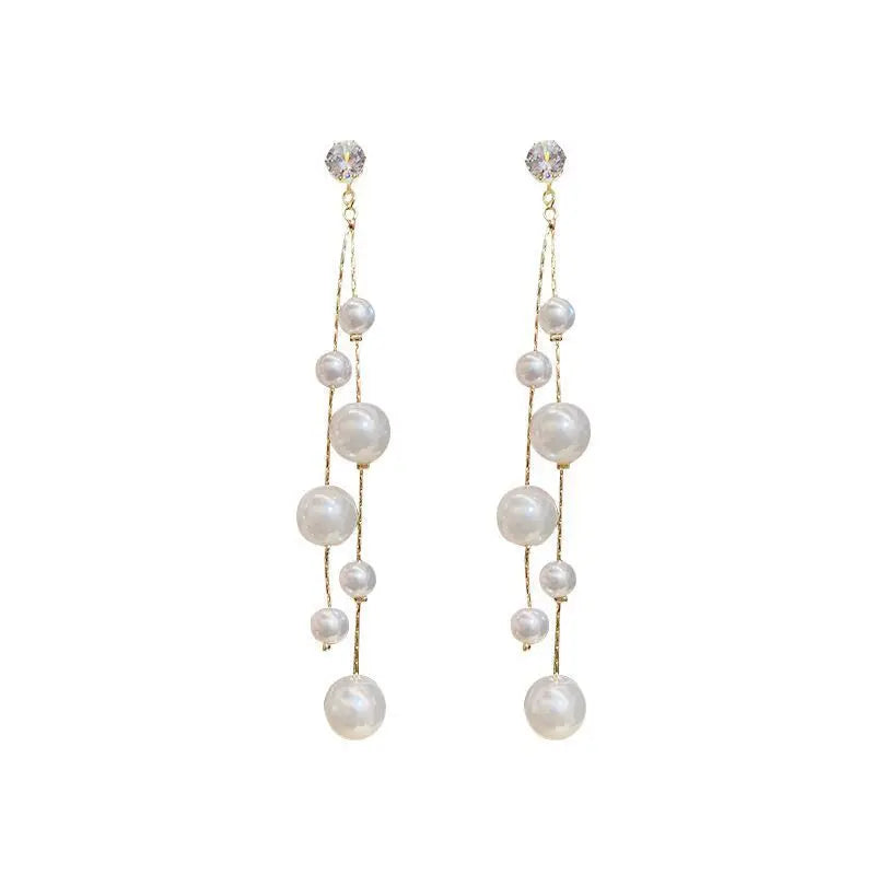 AA00224 925 Silver Needle New Earrings Long Tassel Pearl Earrings Simple and Elegant Fashion Beaded Earrings