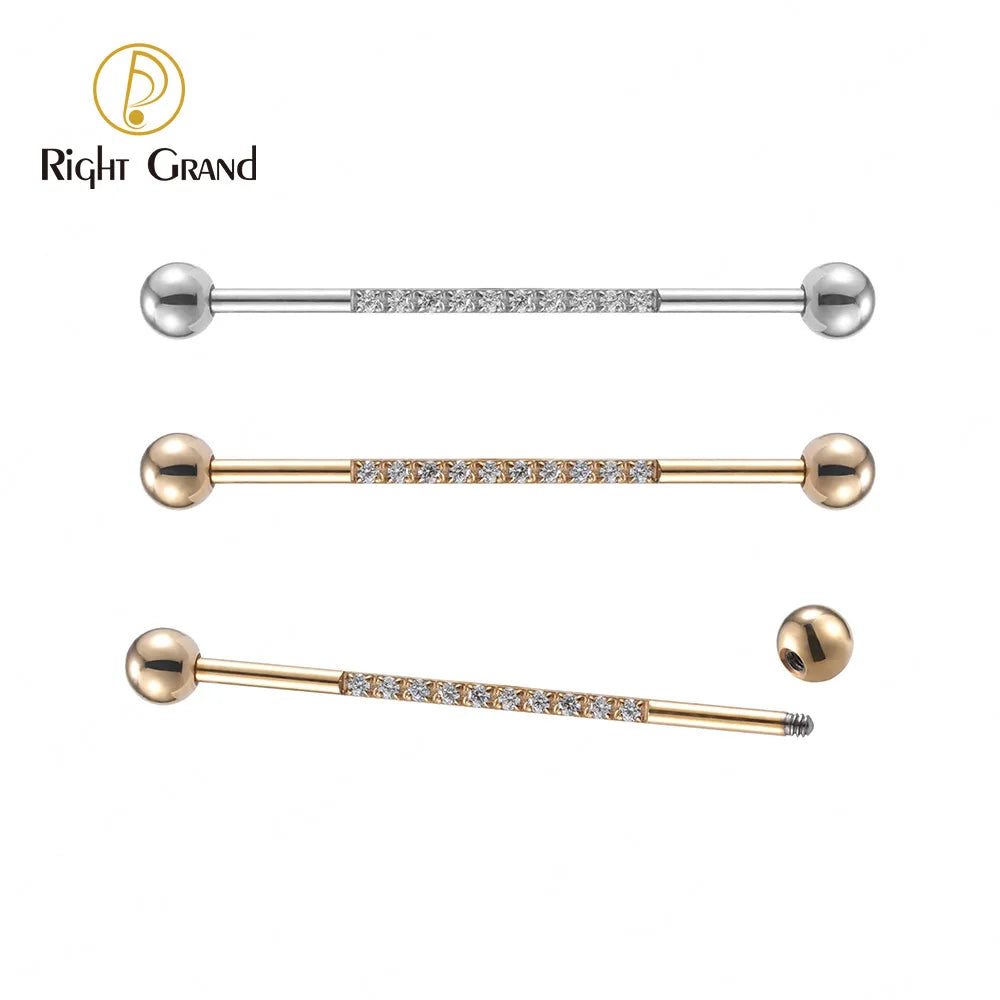 ASTM F136 Implant Grade Titanium 14G Natural Gold PVD CNC Setting CZ Industrial Barbell