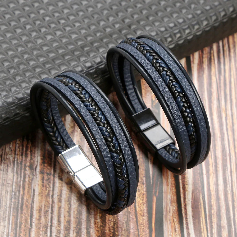 Custom Magnetic Leather Rope Wrap Bracelet Multi-Layers Handmade Braided Leather Bracelet for Men Male Birthday Gift