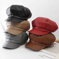 Pu Leather Vintage Elegant Autumn Solid Color French Retro Women Fashion Street Artist Newsboy Girls Hat Beret Cap