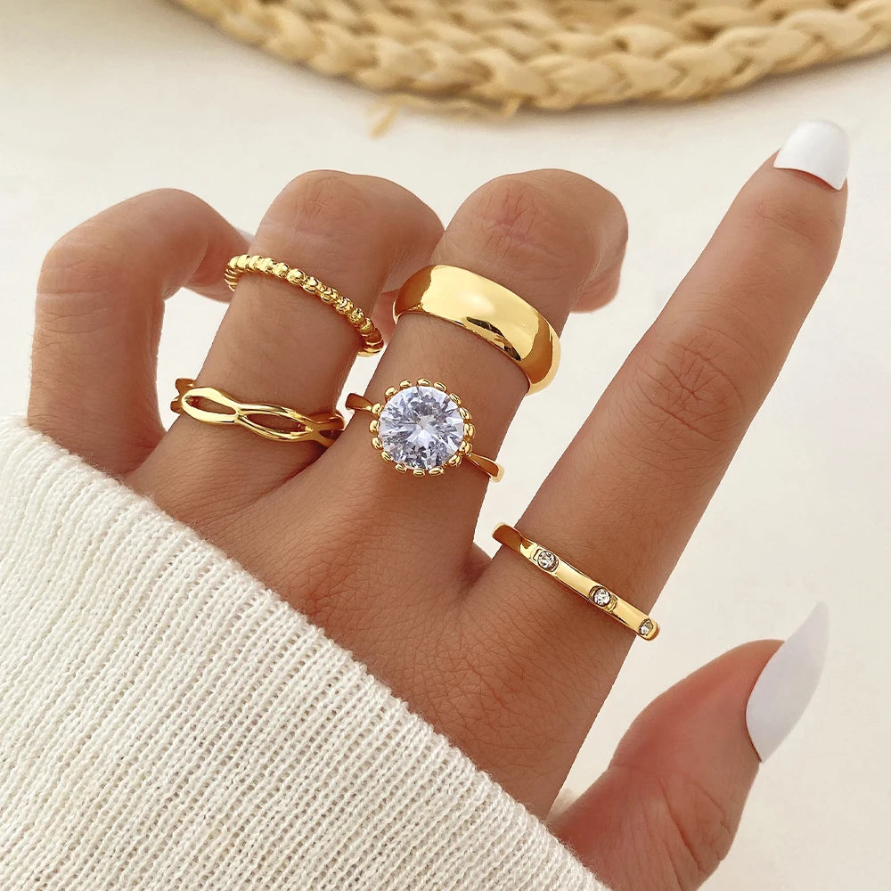 VKME 5PCS White Zircon Gold Plated Butterfly Ring Set for Women Jewelry Wholesale