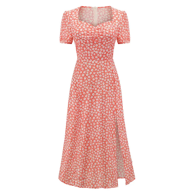 Custom Casual Midi Dress Short Sleeve Puff Sleeve Long a Line Dresses Women's Summer Flower
