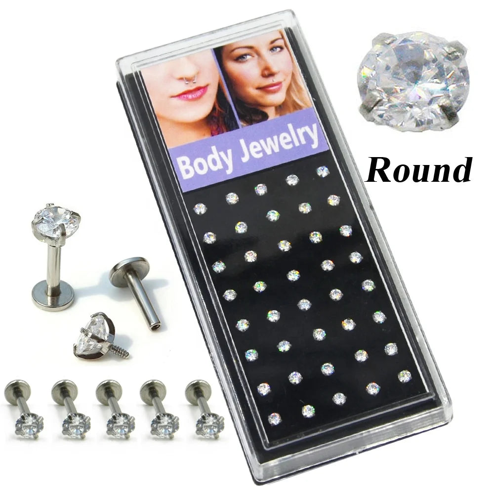 40pcs/Box 16G Stainless Steel Clear Zircon Stone Labret Piercing Children's Star Ear Studs Lip Helix Body Jewelry Heart