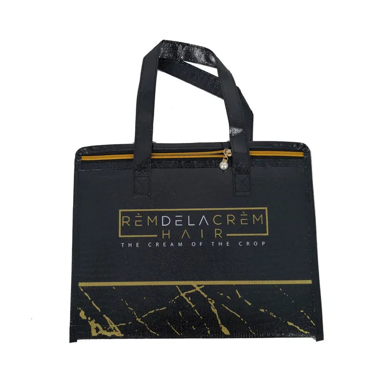 Luxury Black Metallic Non Woven Custom Hair Packaging Bags Custom with logo Packaging