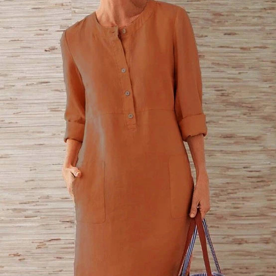 Autumn Large Size Cotton and Linen Dress Long Sleeve Shirt Skirt