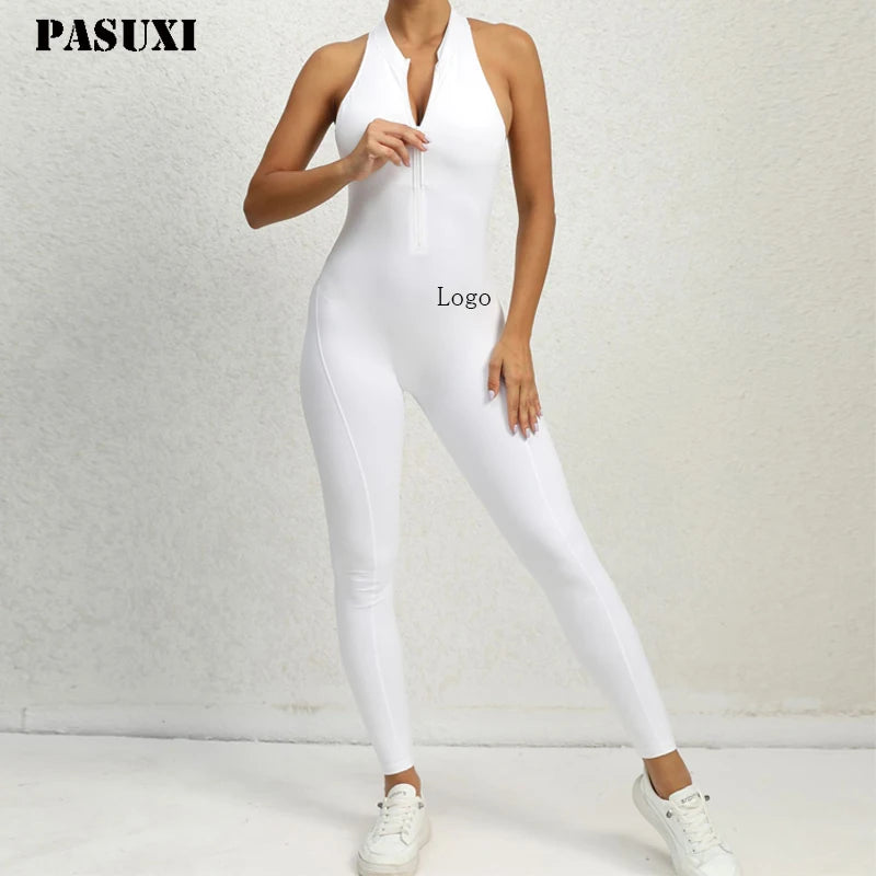 PASUXI Custom One Piece Yoga Wear Sportswear Zipper Fitness Bodysuits Back Hollow Out Workout Jumpsuit for Women