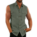 Solid Color Buttoned Lapel Vest Tank Top Shirt Fashion Cotton Linen Sleeveless Shirts for Men