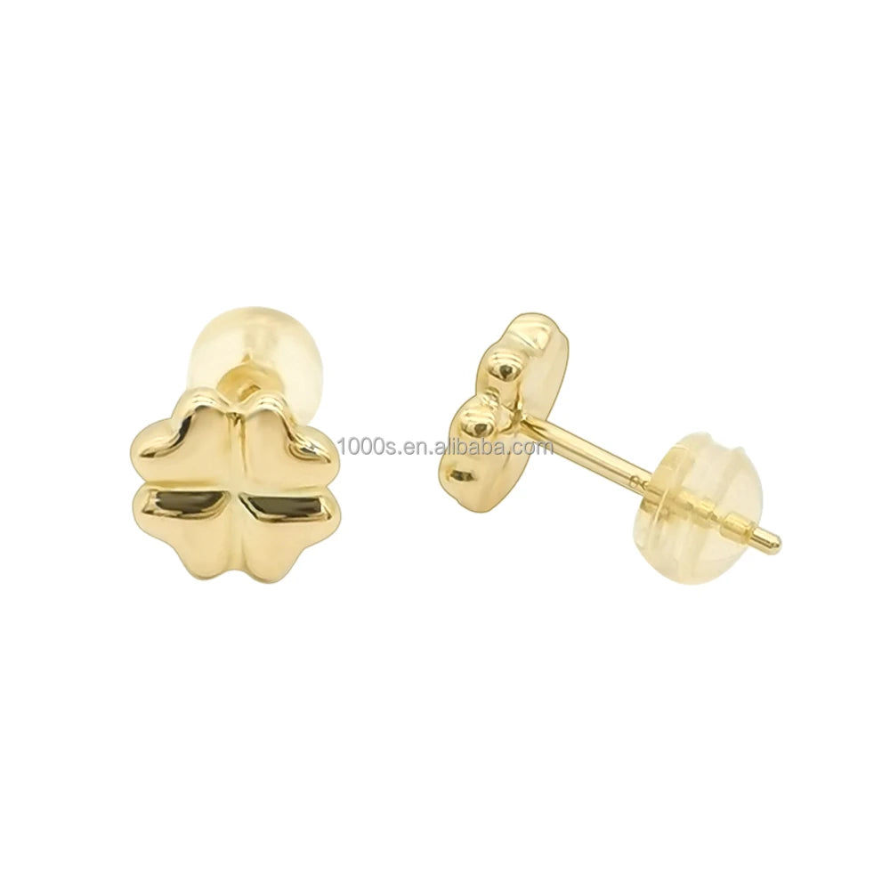 Trendy 18K Real Gold 3D Clover Stud Earrings Pure Gold Lucky Design for Engagement & Wedding Parties