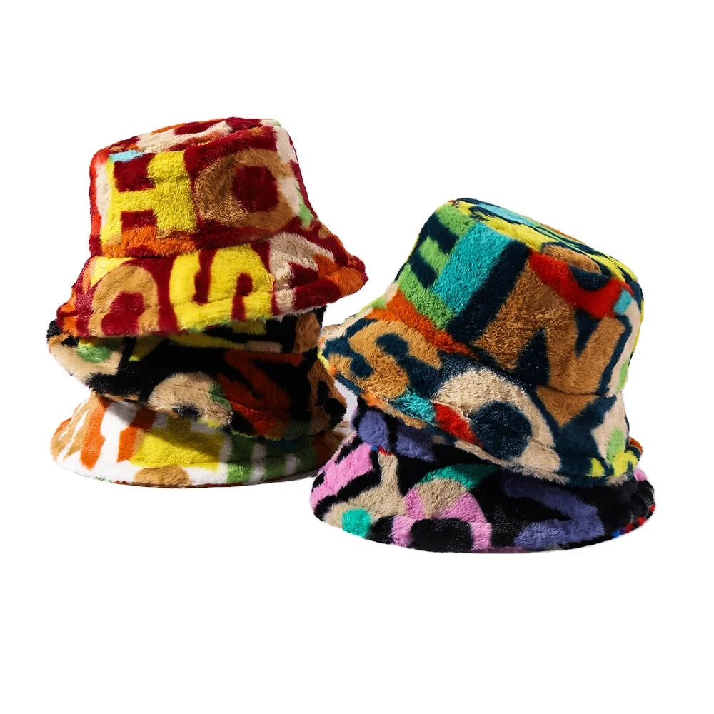Women's Colorful Letter Print Faux Fur Bucket Hat Warm Fuzzy Fluffy Winter Warmer Fisherman Cap