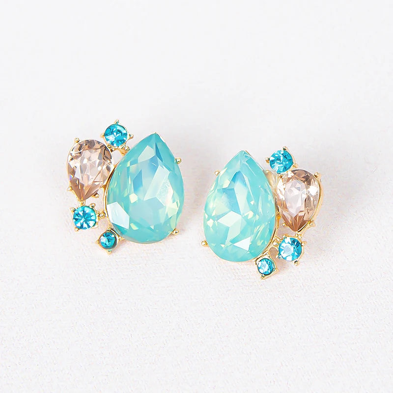 Chic 4 Claw Setting Sapphire Crystal Geometric Fashion Earrings Blue Crystal Rhinestone Water Drop Stud Earrings