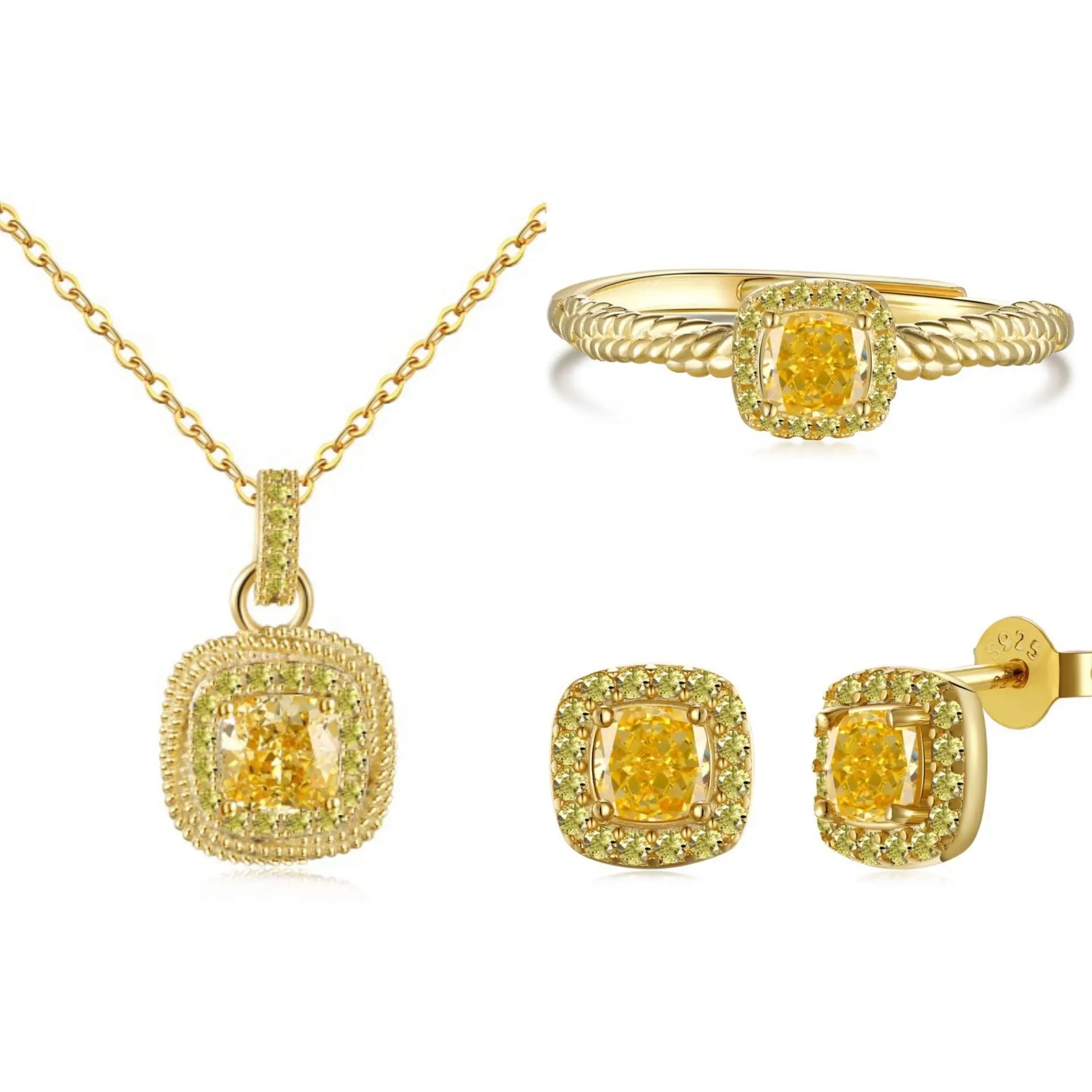S925 Sterling Silver Super Flash Ice Flower Cut YellowZIRCON Ring Necklace Earrings Set for Women