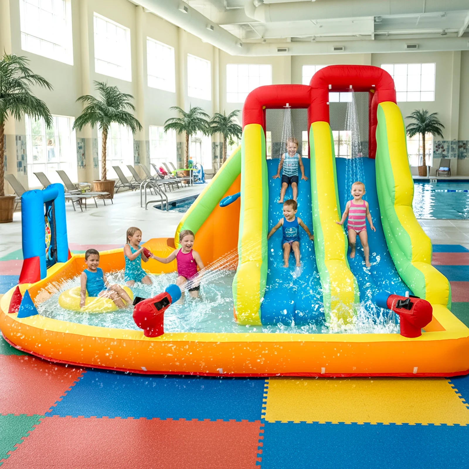 Inflatable Bouncer Combo Double Lane Inflatable Water Slide Bounce House with Water PoolTrampolineShooting NetBasketClimbing