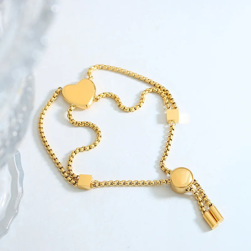 Adjustable Pvd Gold Plated Stainless Steel Sliding Beads Double Layer Peach Heart Charms Small Square Bracelet Women