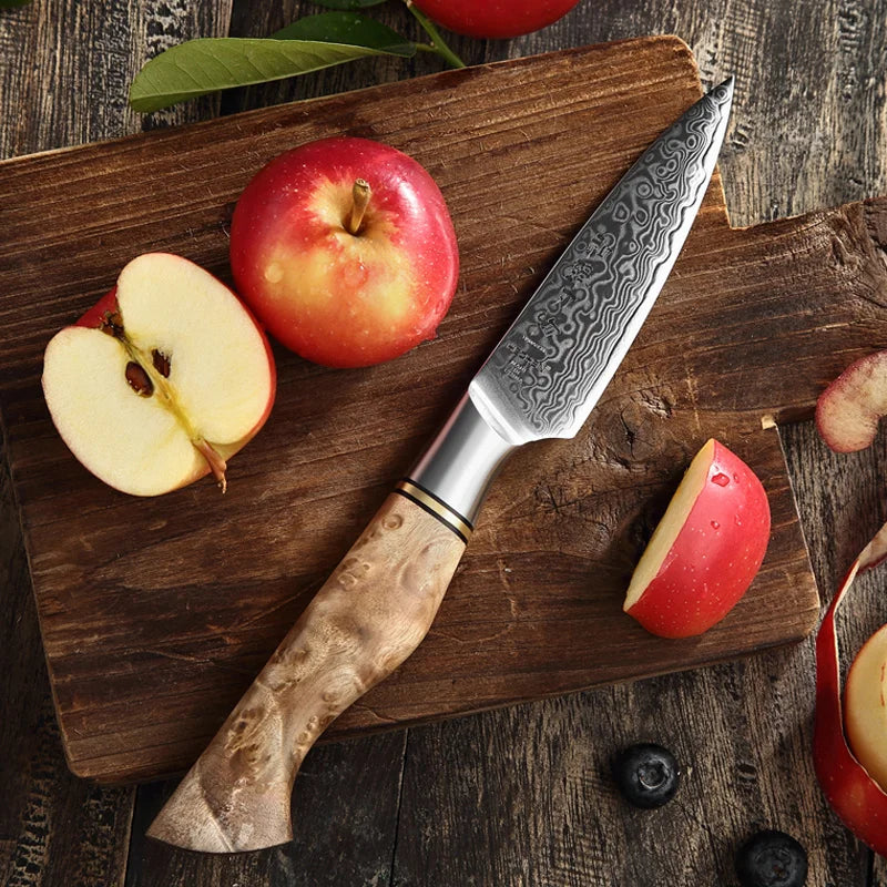 HEZHEN Kitchen Damascus Steel Fruit Paring Knife With Figured Sycamore Wood Handle