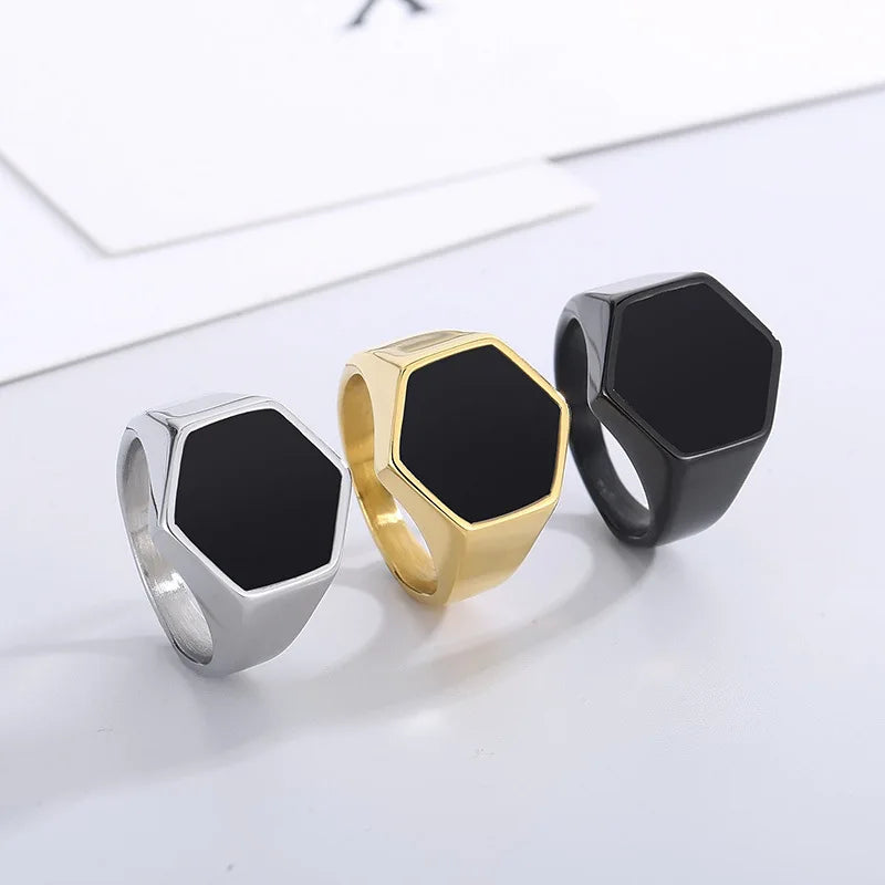 Personalized Fashion Rings for Men Set Black Epoxy Onyx Hexagon Stainless Steel Signet Jewelry Party Daily Wear Gift Finger Ring