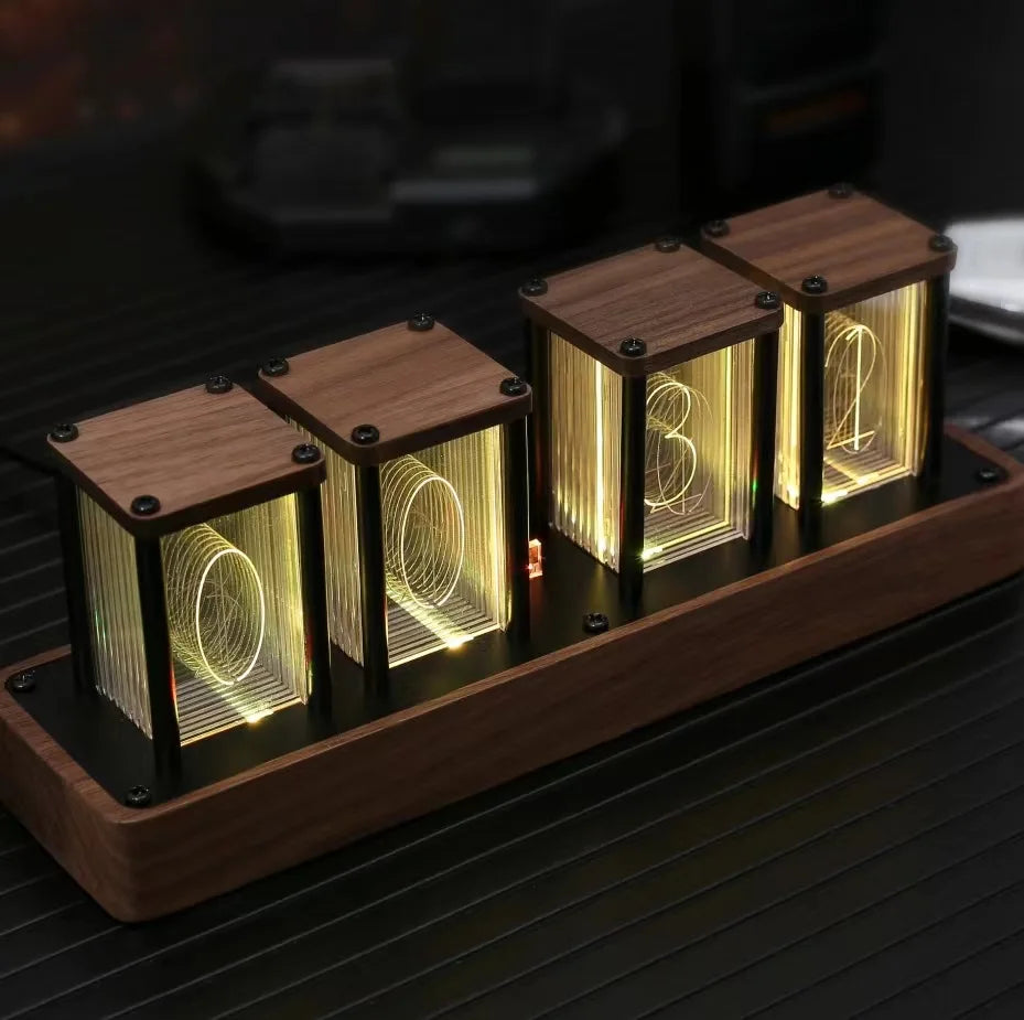 Creative Walnut Wooden Digital Alarm Clocks RGB Glow Tubes Clock With Wireless Charging