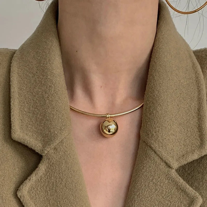 Tarnish Free Gold Plated Round Ball Pendant Necklace Elastic Stainless Steel Magnetic Button Ball Choker Necklace