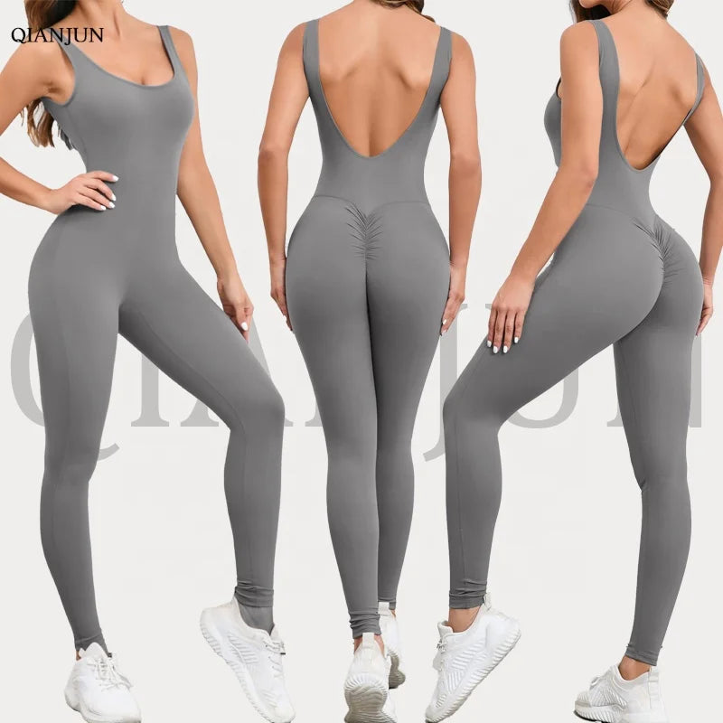 Customized Logo Women's Sports Bodysuit Backless Gym Jumpsuit Fitness One Piece Yoga Jumpsuit