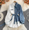 2024 Women's New Trendy Shirts Tops Irregular Patchwork Denim Top Long Sleeve Blouses Shirts