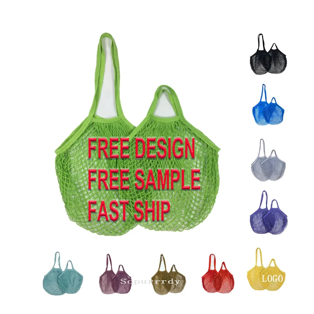 Custom Logo Reusable Washable Mesh Net String Grocery Bags Organizer Cotton Storage Mesh Bag for Fruits Vegetables Shopping Bags