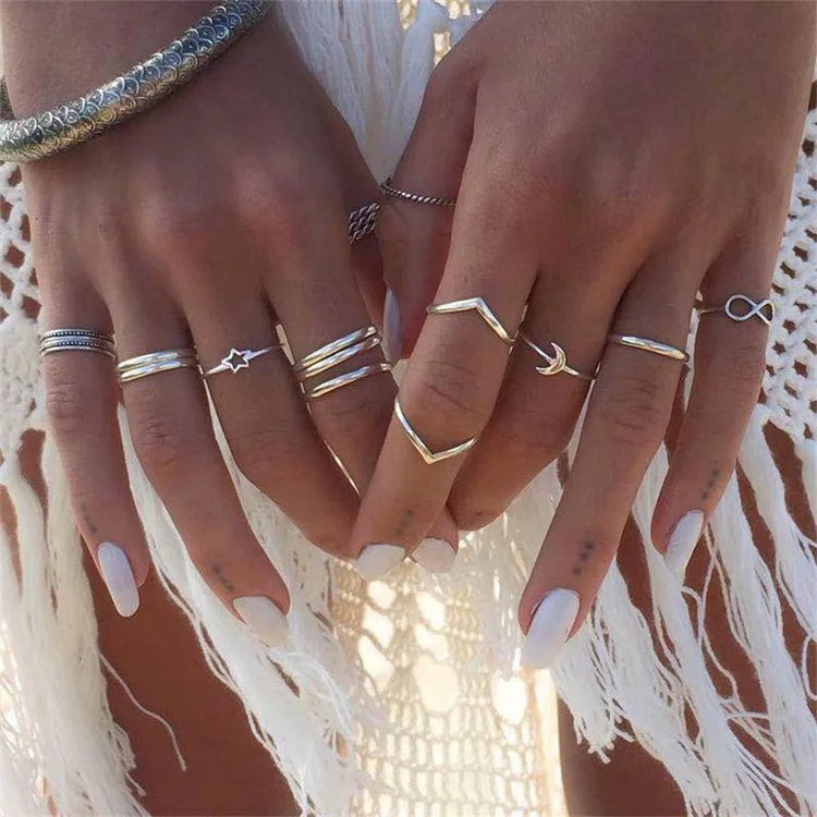 Free Sample Fashion Personality Women Rings Set 12pcs Bohemian V-shaped Twist  Simple Star Moon Ring Set