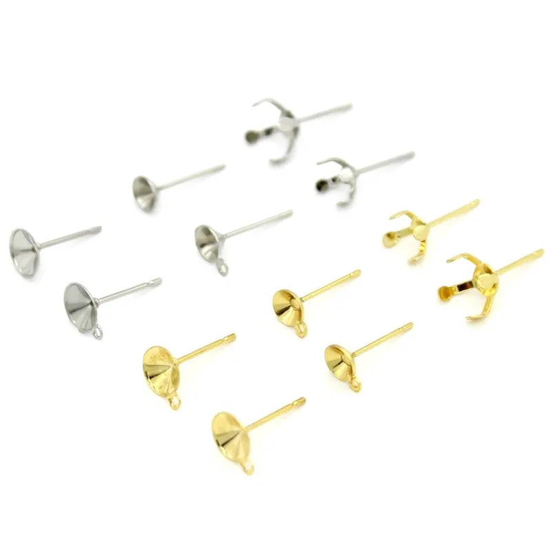 6mm Stainless Steel Stud Earring Parts Fringe Women Pearl Bow Base Connector Natural Stone Earrings Posts for Jewelry Making