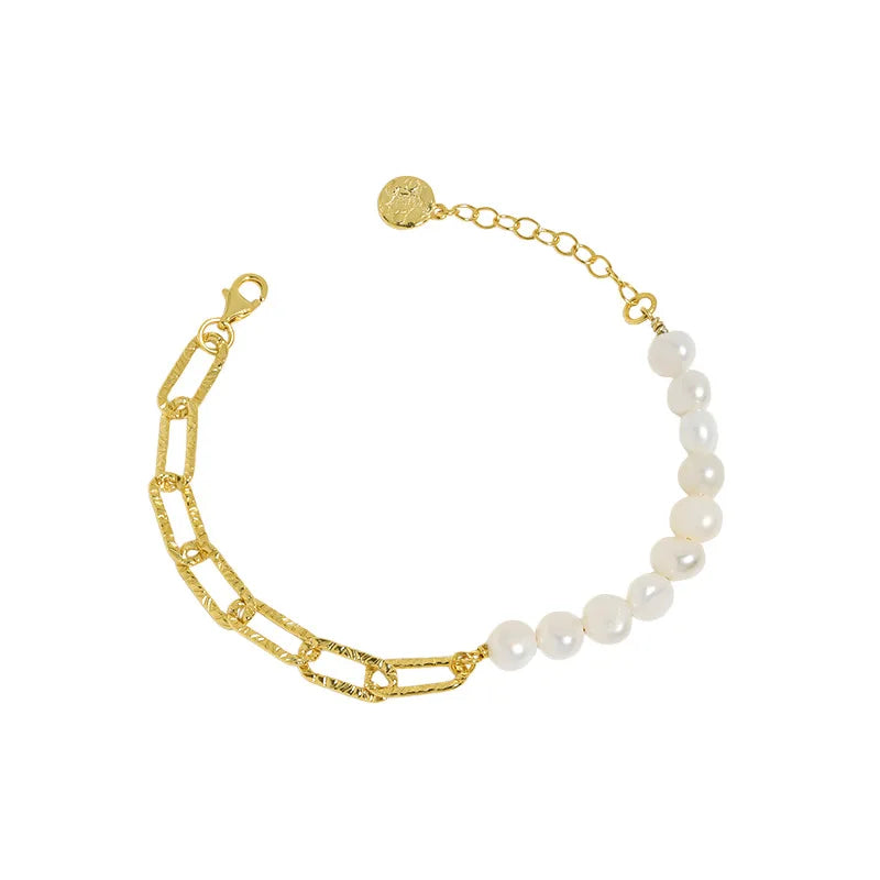 Baroque Freshwater Pearls Beads Half Paperclip Silver Chain Gold Plated Bracelets for Women