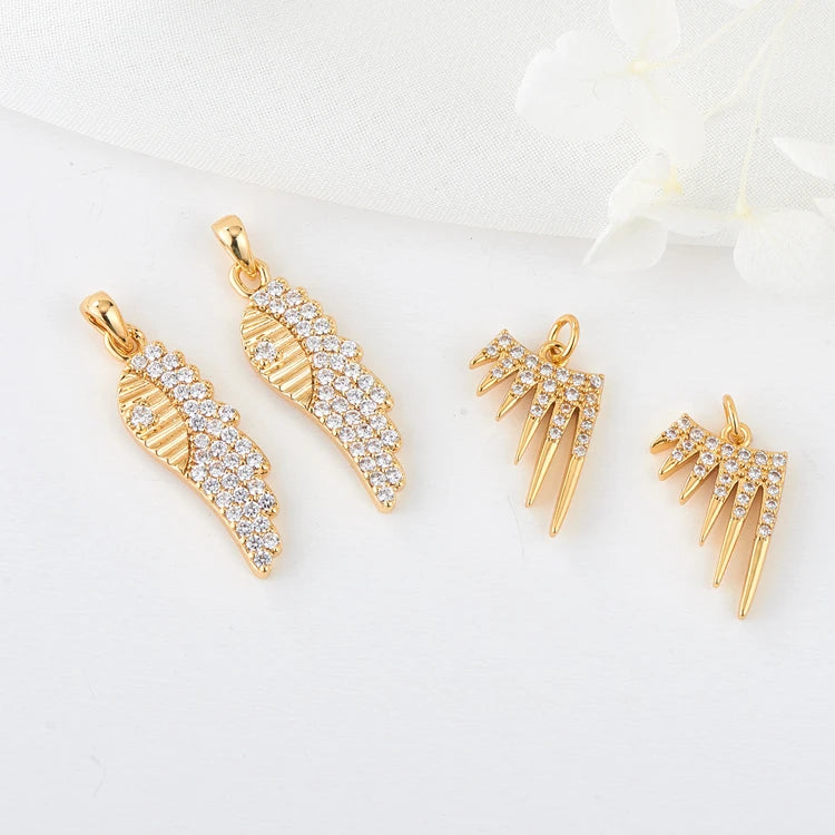 Wholesale Fashion Micro-paved Clear Zircon Angel Wing Charm 14K Gold Plated Hip Hop Wing Shape Diy Jewelry Pendant Accessory