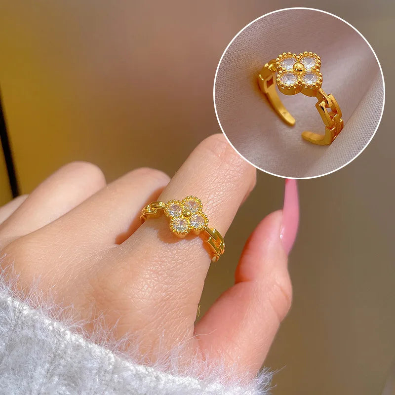 18k Gold Plated Zircon Crystal Flower Adjustable Opening Rings for Women Wedding Engagement Index Finger Jewelry