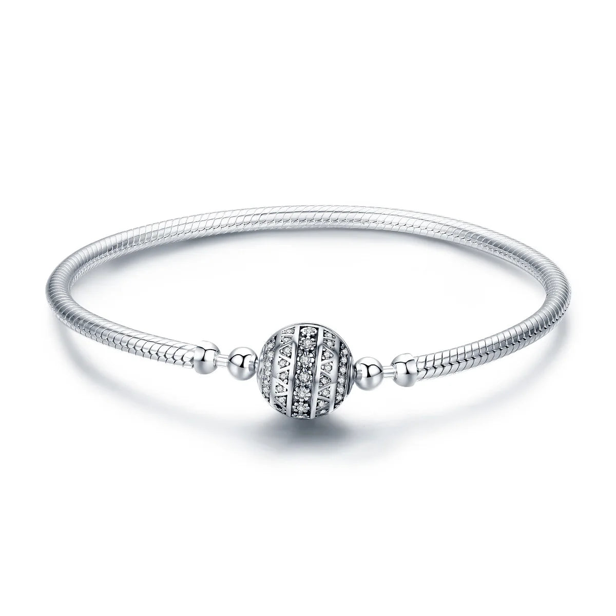 100% 925 Sterling Silver Dazzling Clear CZ Round Clasp Snake Chain Bracelet Sterling Silver Jewelry SCB062