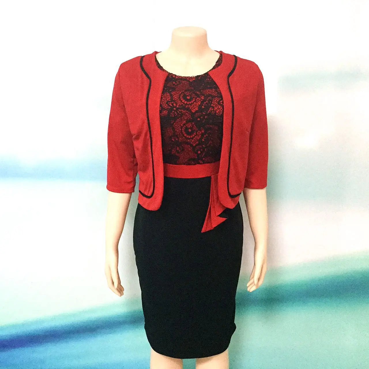 XL-4XL African Plus Size Women's Lace Patchwork Commuter Dress Jacket Two Piece Pack Hip Skirt + Top Jacket