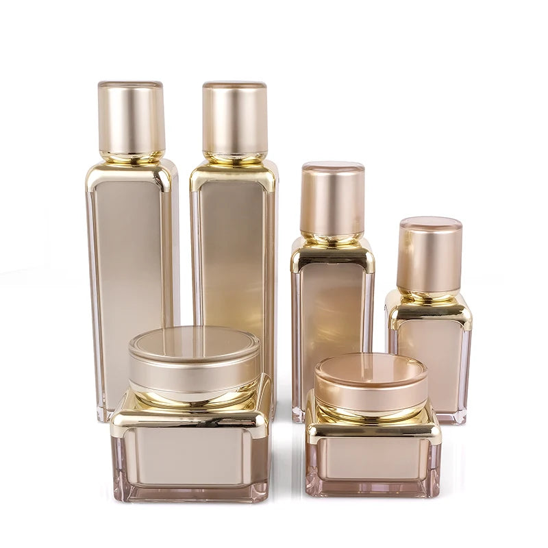 30g/50g 15ml-100ml Rose Gold & Gold Square Luxury Cosmetic Empty Plastic Acrylic Jar & Bottle Set for Lotion