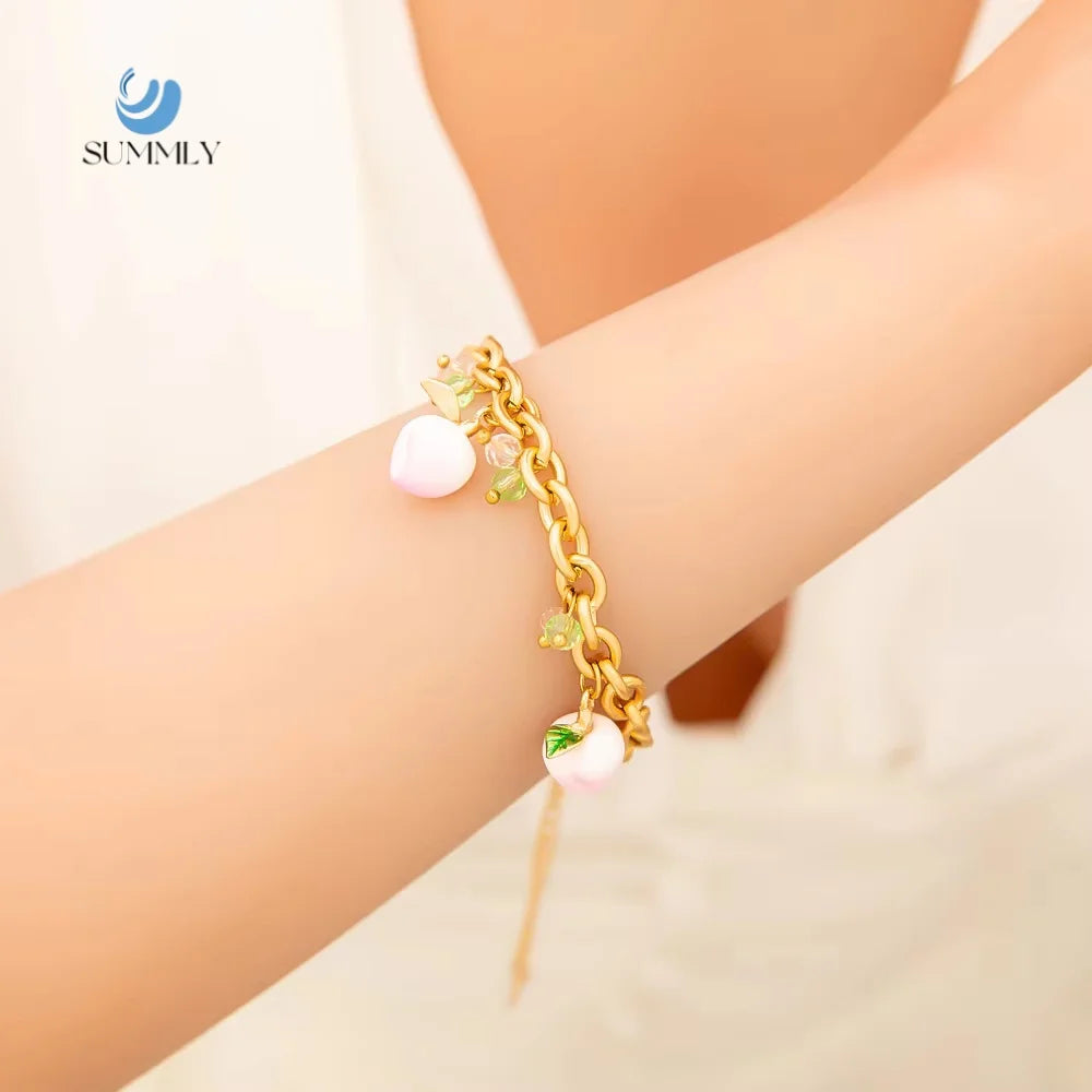 SUMMLY Trend Wholesale Fruit Peach Pendant 18K Gold Plated Stainless Steel Charms Chain Bracelet Fashion Jewelry