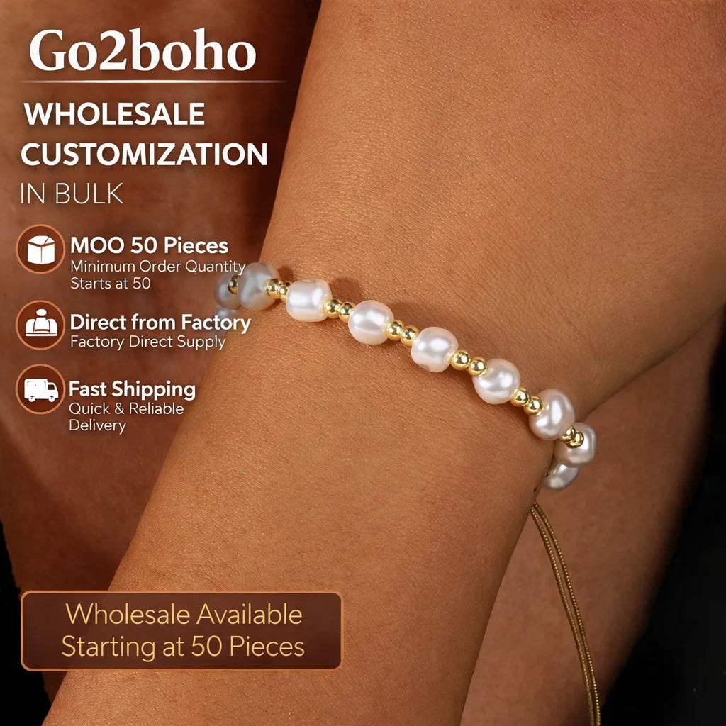Go2BoHo Bohemia Style Gold Plated Copper Bead and Imitation Pearl Beaded Bracelet for Girls Trendy Ball Shape for Party or Gift