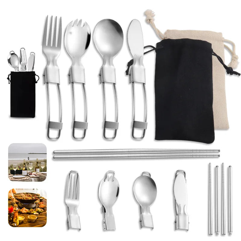 Outdoor Picnic Folding Stainless Steel Flatware 18/10 Knife Fork Spoon Chopsticks Stainless Steel Portable Travel Cutlery Set