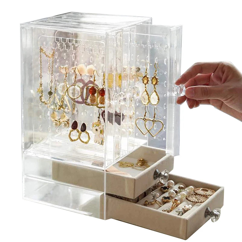 Dustproof Jewelry Stand Clear Hanging Ring Necklace Bracelet Acrylic Earring Holder Jewelry Display Case with Drawers