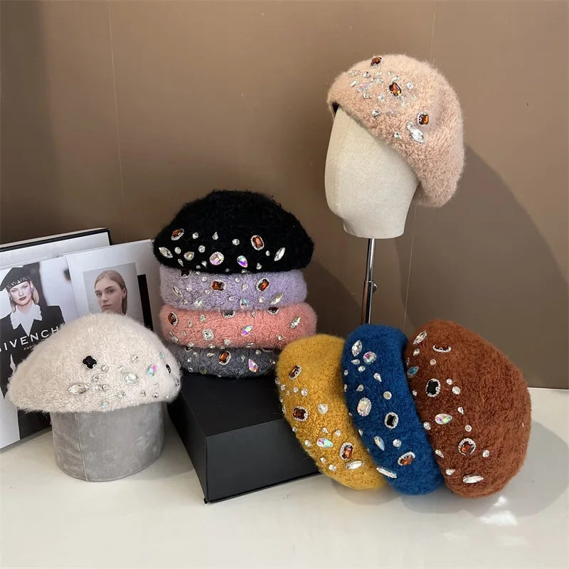 Korean Style French Pearled Diamond Yellow Beanie Casual Fashion Plain Female Winter Plush Cashmere Wool Women Beret Girls Hat C