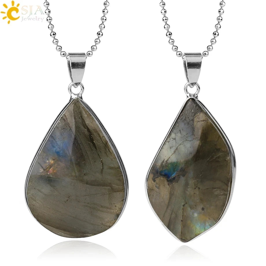 CSJA Wholesale Black Spectrolite Pendants Irregular Healing Stone Labradorite Energy Pendant Necklace for Women Men G419