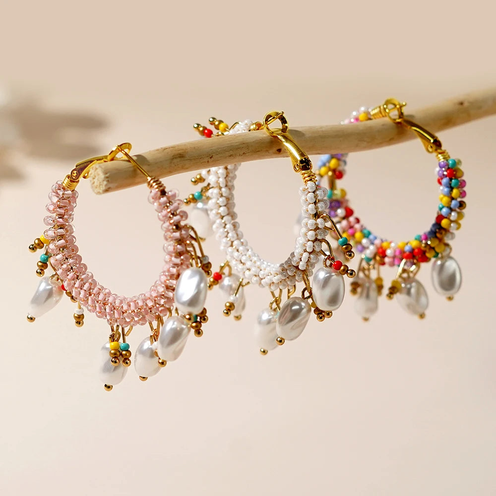 Go2boho Wholesale Hot Sale 1 Pair Summer Beaded Hoop Earrings New Irregular Fashion Faux Pearls Women Jewelry Love Gifts for Her
