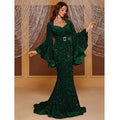 Women's Sequin Party Dress With Belt Flared Sleeves Sweetheart Neckline Mermaid Evening Dresses