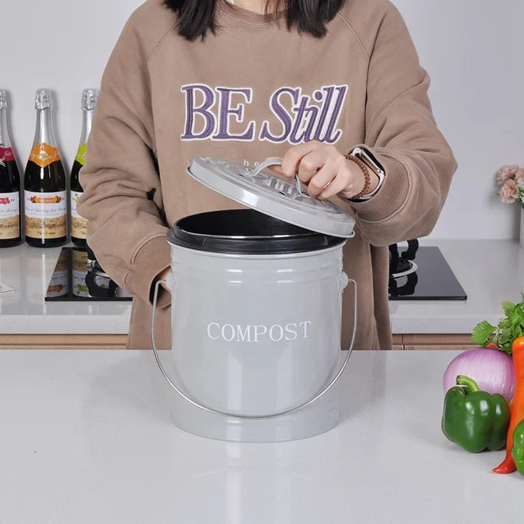 For Kitchen With Lid - Includes 1 Spare Charcoal Filter With Charcoal Filter Metal Food Waste Compost Pail
