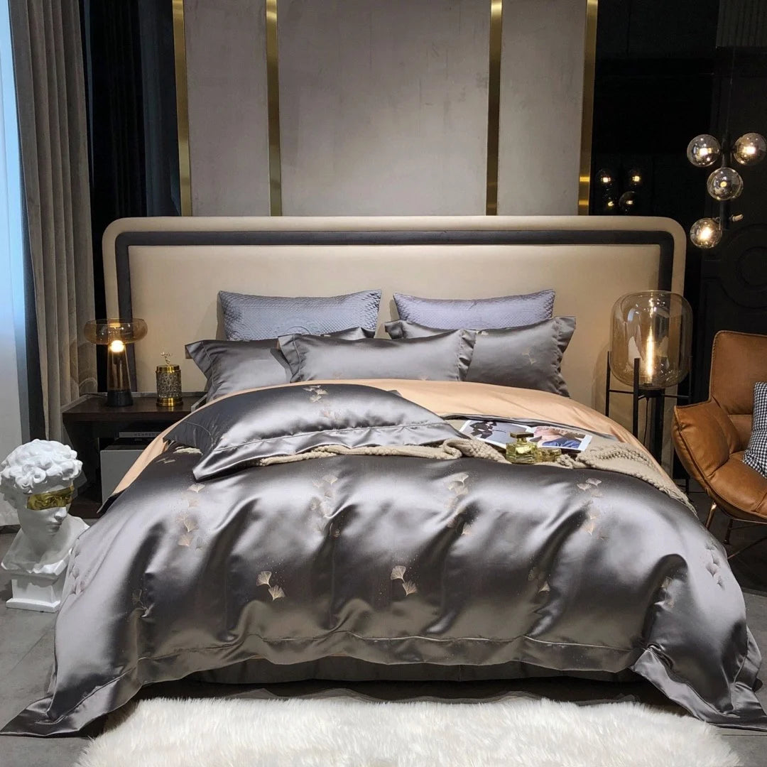 Luxury Latest Silver Ginkgo Jacquard Quilt Cover Egyptian Cotton Satin Four-piece Bedding Set