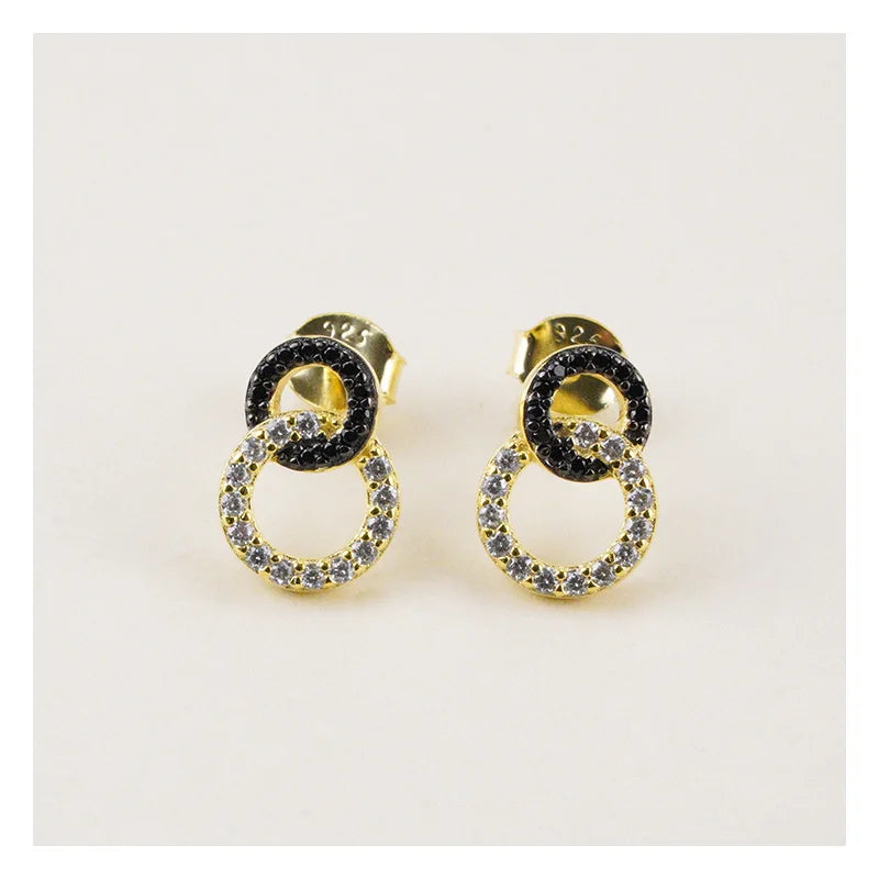 Designer 2025 925 Sterling Silver Trendy Jewelry Gold Plated Black Zircon Double Circle 8 Shape Stud Earrings for Women